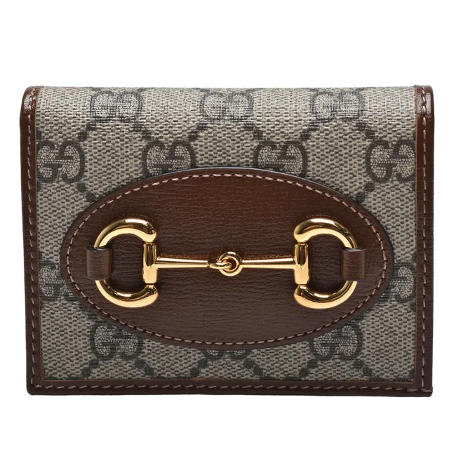 【GUCCI 古馳】經典Horsebit 1955系列Supreme帆布牛皮襯裡暗釦短夾(棕色621887-92TCG-8563)（其他規格）