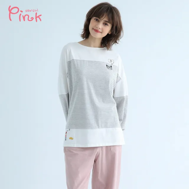 【PINK NEW GIRL】俏皮繡圖橫條紋長袖上衣 X2319LC