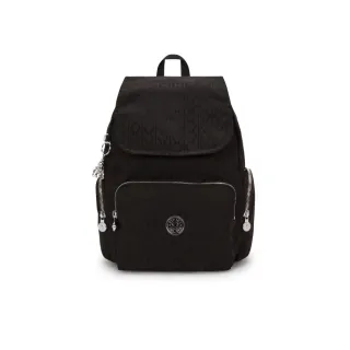 【KIPLING】『猴子包』黑色提花掀蓋拉鍊後背包-CITY ZIP S