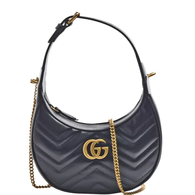【GUCCI 古馳】經典GG Marmont雙GLOGO衍縫小牛皮手提/斜背彎月包(黑色699514-DTDHT-1000)