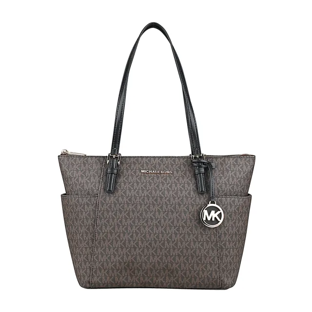 【Michael Kors】MICHAEL KORS Jet Set印花塗層帆布拉鍊手提肩背托特包(深褐x黑)
