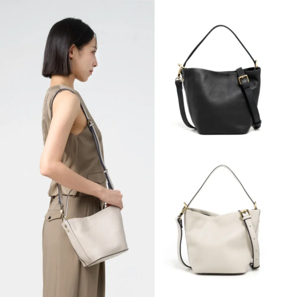 【PEPPER’S】交換禮物 FUTUREME 真皮迷你水桶包 - 簡約黑/月光灰(水桶包 真皮)