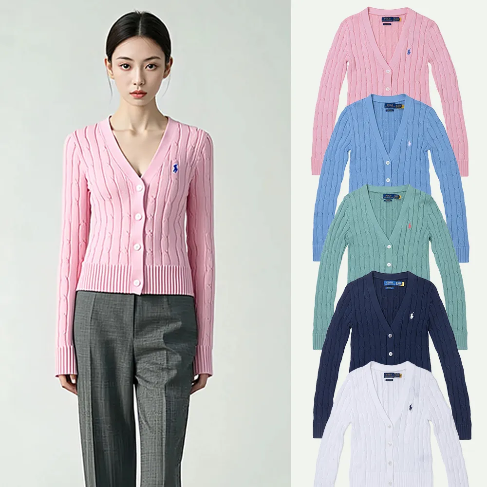 【RALPH LAUREN】RL POLO 經典V領刺繡小馬麻花開襟外套-女-多色組合 上衣(保暖舒適/平輸品)