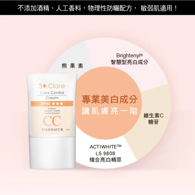 【St.Clare 聖克萊爾】RS肌因亮白CC霜30mlx3入(SPF50/物理性防曬/醫美後適用防曬)