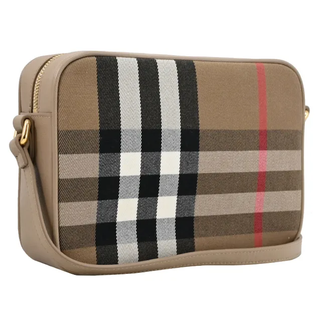 【BURBERRY 巴寶莉】英系經典格紋帆布皮革拼接背方包斜背包(淺褐邊 23.5cm)