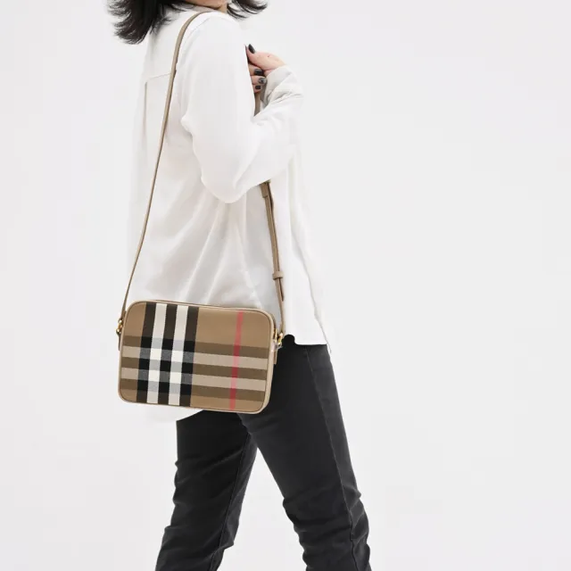 【BURBERRY 巴寶莉】英系經典格紋帆布皮革拼接背方包斜背包(淺褐邊 23.5cm)
