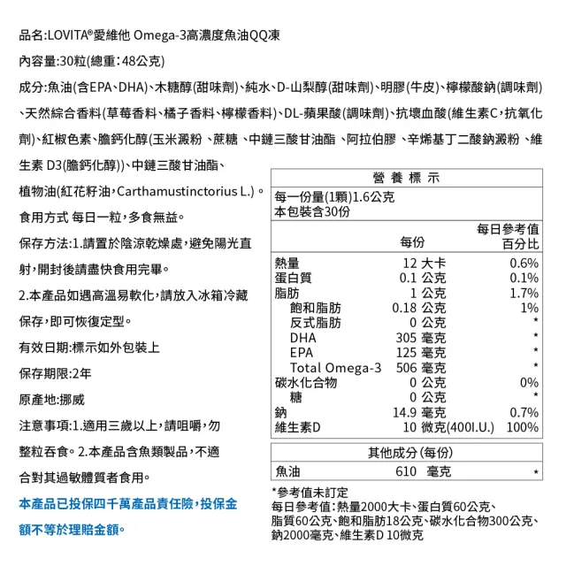 即期品【LOVITA 愛維他】即期品-買1送1-Omega-3高濃度魚油QQ凍*1盒 30顆/盒 共2盒(無魚腥味)