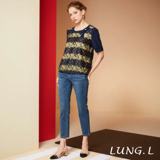 【LUNG.L 林佳樺】LS67A 優雅藍色蕾色微透黃色內層五分袖女裝上衣(春夏新品 加大尺碼)