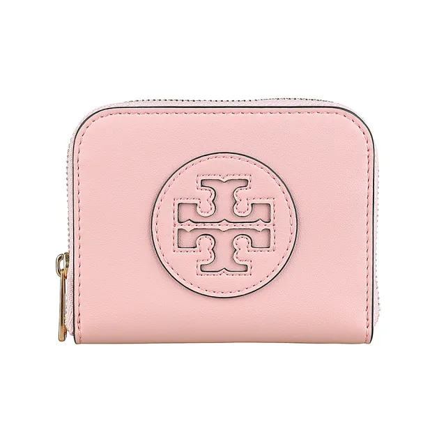 【TORY BURCH】TORY BURCH Ella Bio 皮革T字LOGO霧面牛皮4卡拉鍊零錢包(小/腮粉紅)