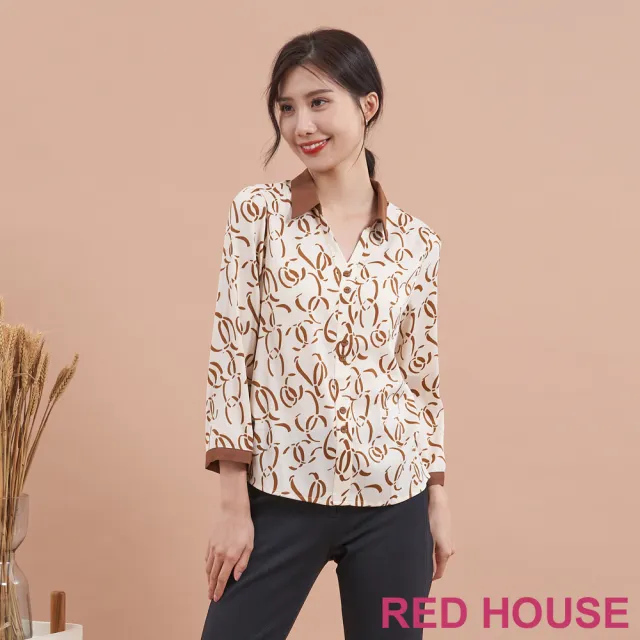 【RED HOUSE 蕾赫斯】復古幾何印花V領襯衫(咖啡色)