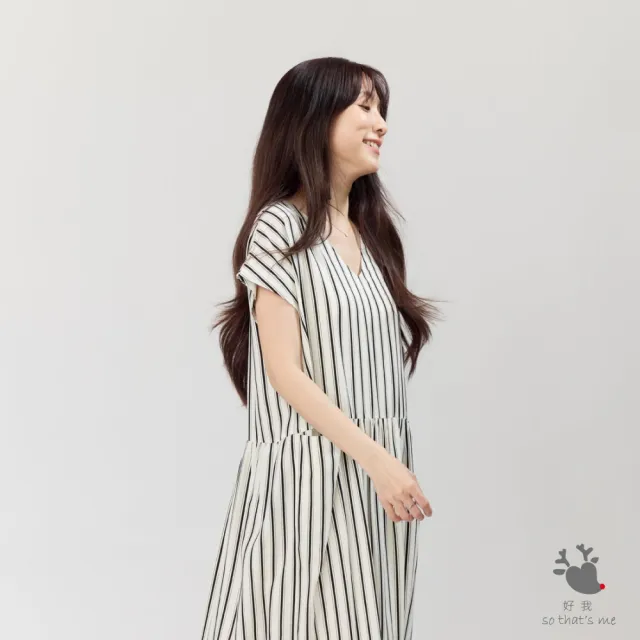 【so that’s me 好我】Phoebe口袋V領直條洋裝/黑白條(黑白條)