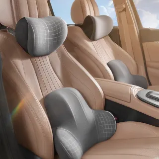 【伊德萊斯】汽車記憶棉頭枕腰靠套組 車用護頸枕+3D護腰枕(汽車枕頭 記憶枕 車用護腰墊 交換禮物)
