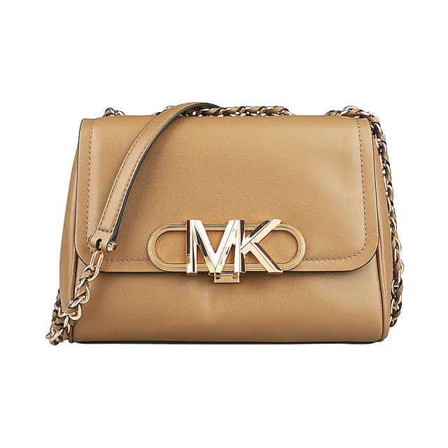 【Michael Kors】MICHAEL KORS PARKER金字LOGO皮革金屬扣式鍊帶肩背斜背包(中/奶茶棕)