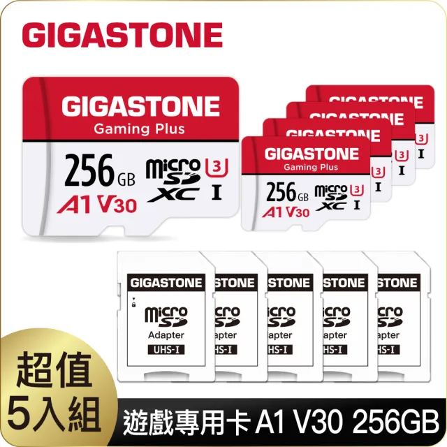 【Gigastone 立達國際】A1 V30 256GB 遊戲 影像 記憶卡 Gaming Plus 5入組(台灣製/Switch/GoPro/microSD)