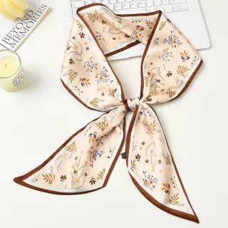 【AnnaSofia】仿絲領巾絲巾圍巾-彩線銀香菊斜角 窄版緞面 現貨(米底系)