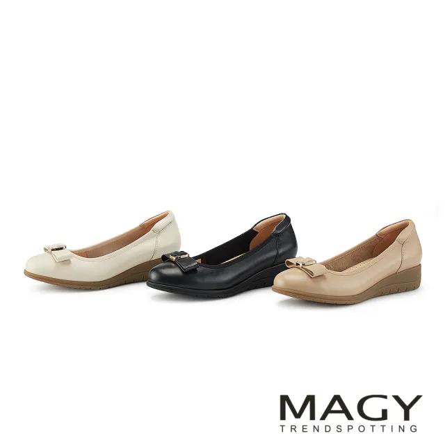 【MAGY】柔雅蝴蝶結牛皮厚底楔型鞋(米色)