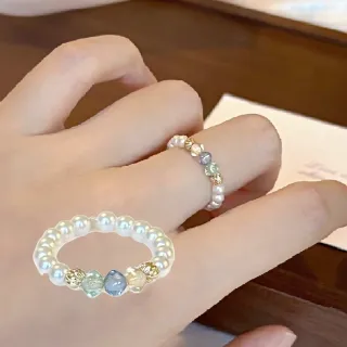 【閃閃發光】水晶珍珠彈力繩戒指(施家珍珠 食指戒 尾戒 飾品 配件 配飾 裝飾 女)