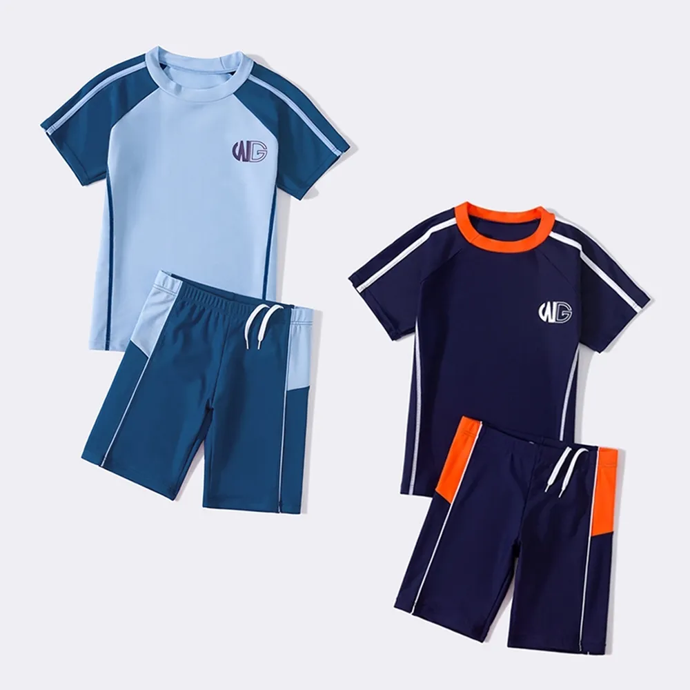 【橘魔法】大童 拚色字母WG運動插肩泳衣+五分泳褲(二件式 游泳課 學生泳衣 中性款 男童 女童 兒童 童裝)