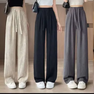 【D.studio】韓版冰絲高腰寬褲(褲子長褲休閒褲女裝高腰褲拖地褲直筒褲 黑褲 P385)