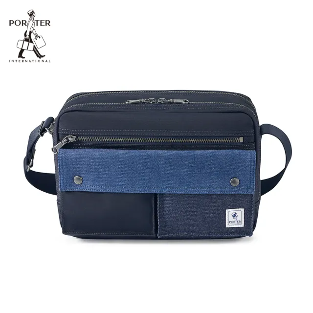 【PORTER INTERNATIONAL】牛仔拼接PATCH WORK雙層斜背包-M(深藍色)