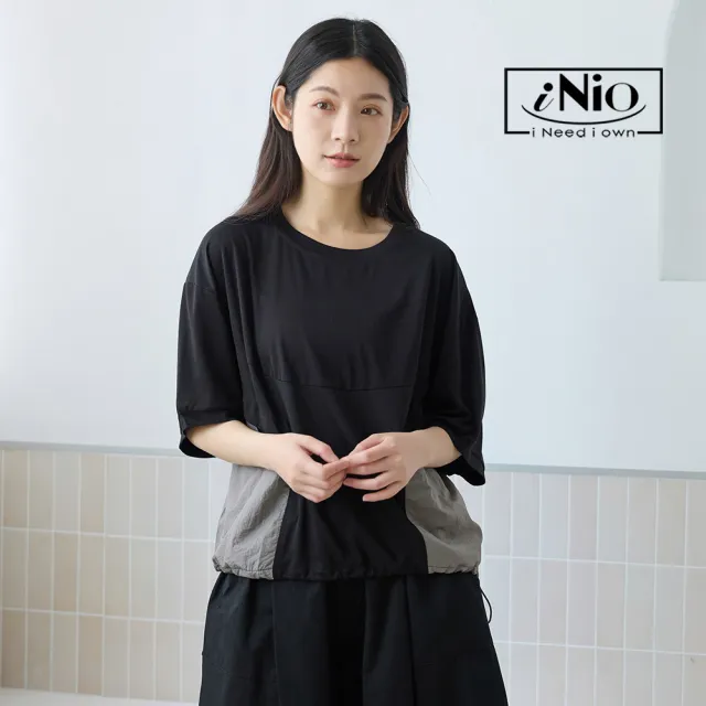 【iNio 衣著美學】短袖上衣 拼接大口袋上衣 寬鬆抽繩T恤 黑/白(CEW1139)