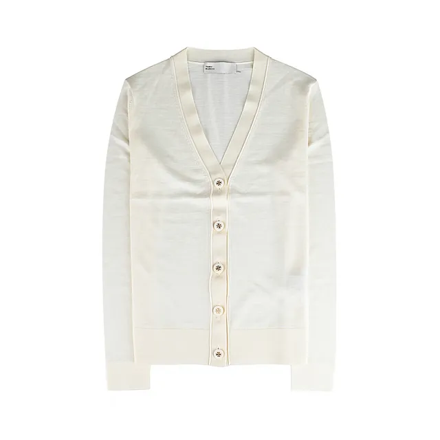 【TORY BURCH】TORY BURCH Simone 雙T扣LOGO V領羊毛真絲混紡開襟衫(女款/象牙白)