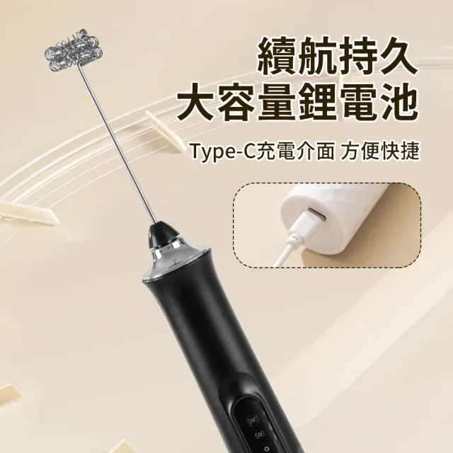 【SUNORO】不銹鋼電動打奶泡器 咖啡拉花打泡器 烘焙打蛋器(Type-C充電式/附3款攪拌頭+支架)