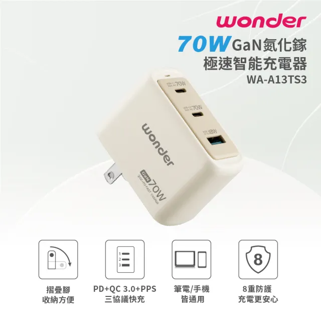 【WONDER 旺德】70W GaN氮化鎵極速智能充電器 WA-A13TS3(支援iphone17/安卓手機)