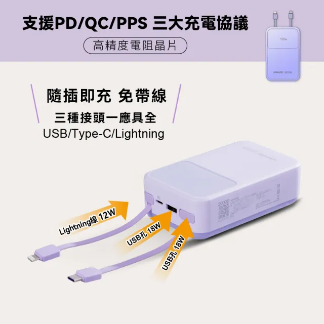 【WONDER 旺德】可拆線式快充行動電源 20000mAh 紫(WA-P17B)