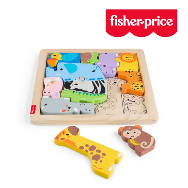 【Fisher price 費雪】木製動物積木拼圖(寶寶安撫/嬰兒玩具/彌月禮/新生兒)