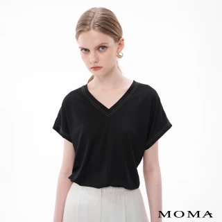【MOMA】簡約 M+ 簡約銀珠描邊V領冰瓷棉上衣(兩色)