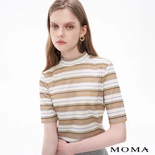 【MOMA】灰褐藍調條紋小立領薄太空棉上衣(咖啡色)