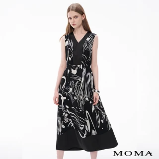 【MOMA】手繪線條雪紡異材質拼接背心長洋裝(黑底花布)