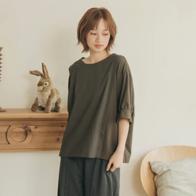 【MOSS CLUB】異材質拼接泡袖圓領上衣(綠 咖)