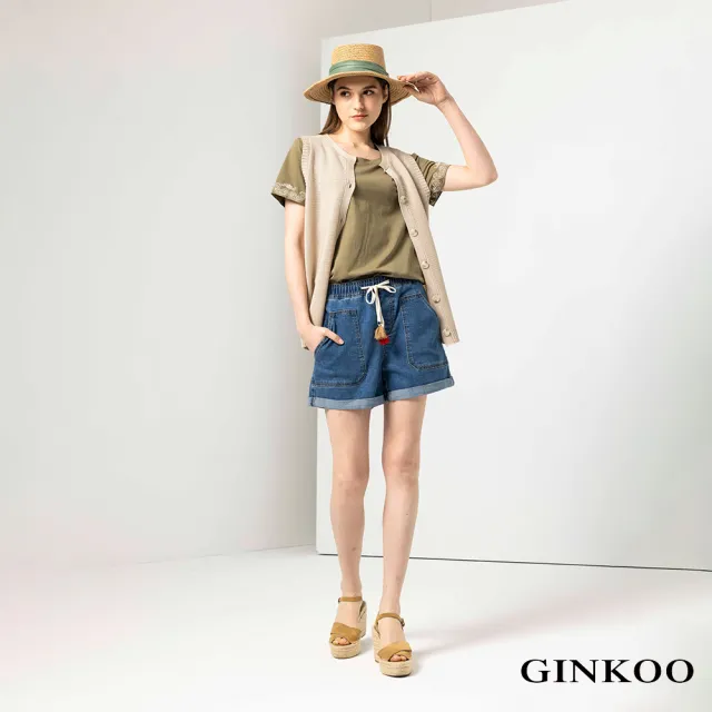 【GINKOO 俊克】流蘇綁帶牛仔短褲