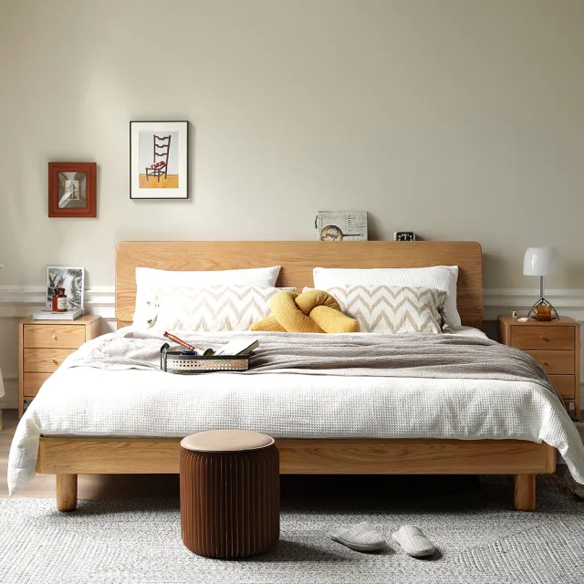 【hoi! 好好生活】YW西雅圖橡木斜靠夜燈低舖雙人床架150x190 原木色 Y90B28