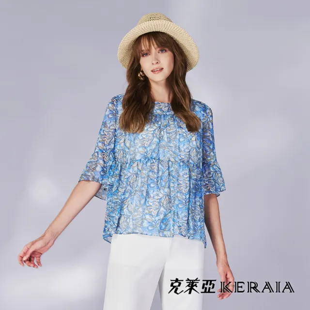 【KERAIA 克萊亞】魅力價-藍韻繁花印花雪紡上衣
