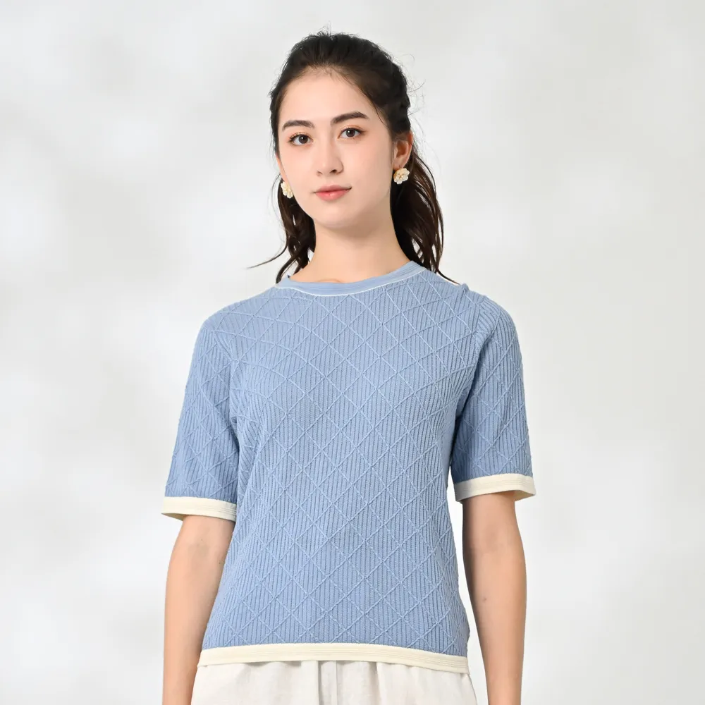 【御絹坊】質感優雅滾邊菱格紋路蠶絲針織上衣