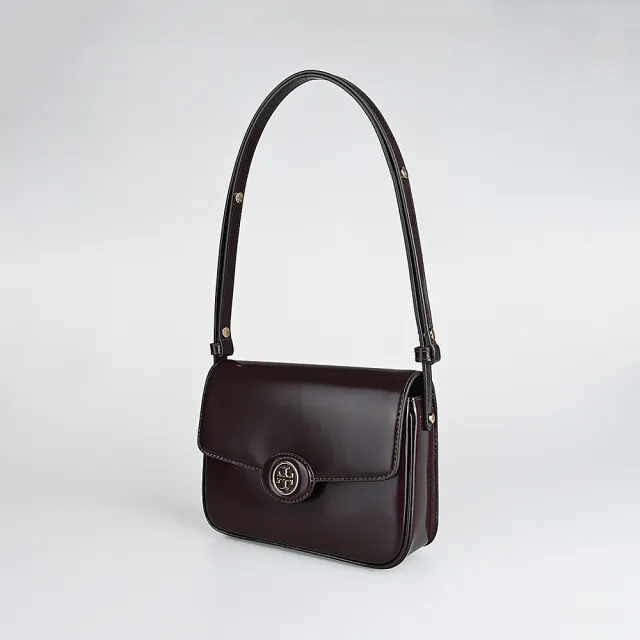 【TORY BURCH】TORY BURCH Robinson 圓標金屬T字LOGO漆皮方形斜背包(葡萄紫紅)