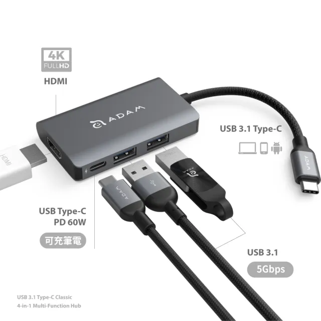 【ADAM 亞果元素】Hub A01m 四合一 USB-C HUB集線器 4K顯示(一秒擴充MacBook Air)
