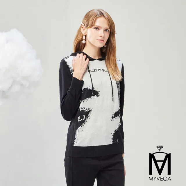 【MYVEGA 麥雪爾】MA水墨拼接蕾絲連帽針織上衣-黑