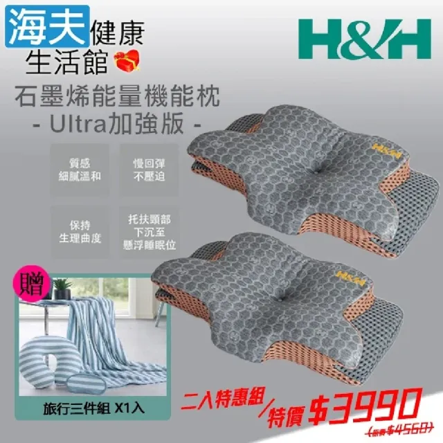 【海夫健康生活館】限時特賣 南良H&H 石墨烯能量機能枕-Ultra加強版 雙包裝(加贈石墨烯寢具-旅行三件組)