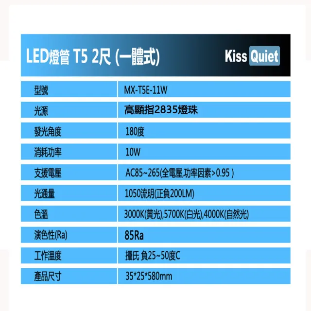 【KISS QUIET】4入組 高顯指燈珠-2尺 T5 白/黃/自然光 LED燈管(LED燈管/T52尺/T5燈管/一體式燈管/層板燈)