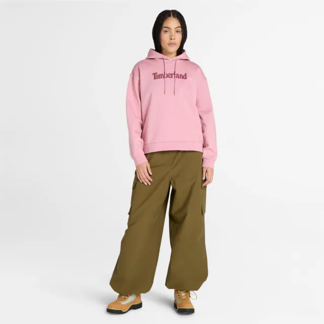 【Timberland】女款桃粉色寬版LOGO連帽上衣(A645YEYV)