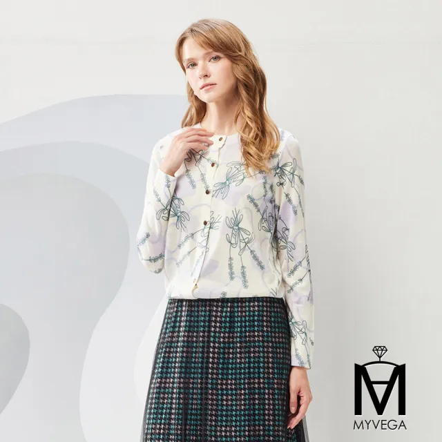 【MYVEGA 麥雪爾】MA羊毛柔霧水彩感印花針織外套-淺紫(通勤風/)