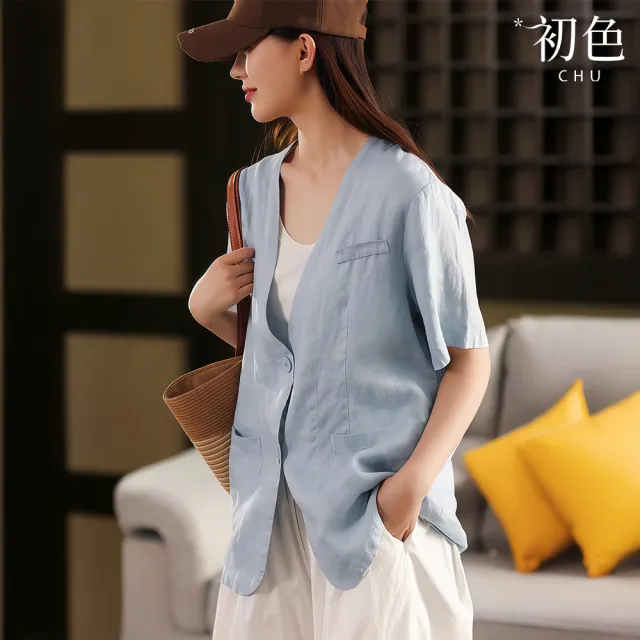 【初色】棉麻風V領短袖單排釦大口袋西裝外套女外套-共3色-14792(M-2XL可選)