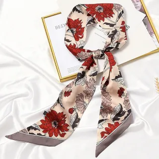 【AnnaSofia】仿絲領巾絲巾圍巾-豔色瓣花斜角 現貨(酒紅褐系)