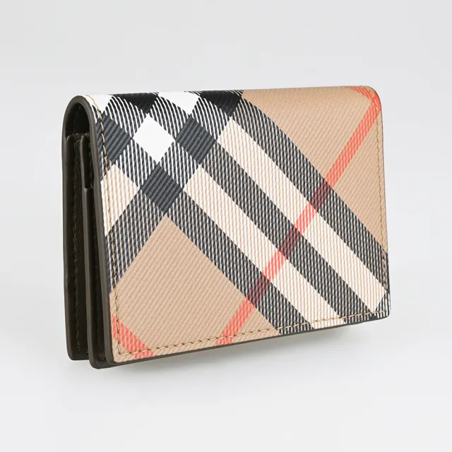 【BURBERRY 巴寶莉】BURBERRY 內壓印LOGO塗層帆布內搭小羊皮對折卡片夾(沙棕)