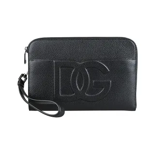【DOLCE&GABBANA 杜嘉班納】DOLCE&GABBANA DG壓紋LOGO鹿皮內搭帆布手拿包(黑)