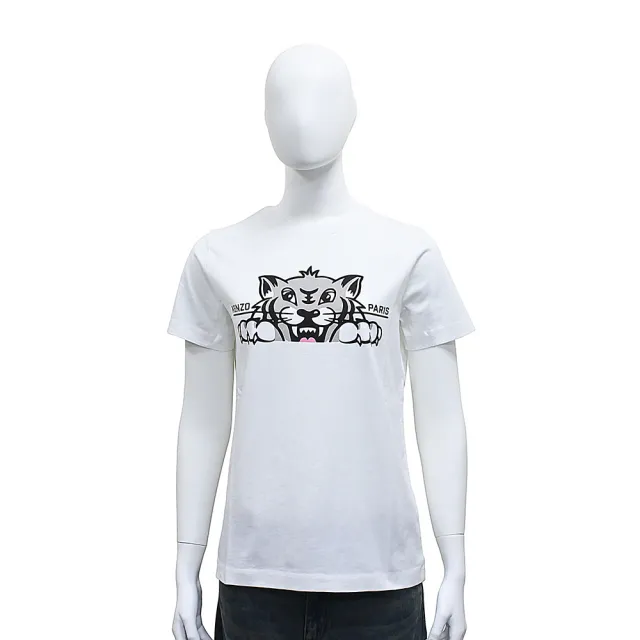 【KENZO】KENZO Happy Tiger印黑字LOGO純棉快樂老虎圖案圓領短袖T恤(女款/米白)